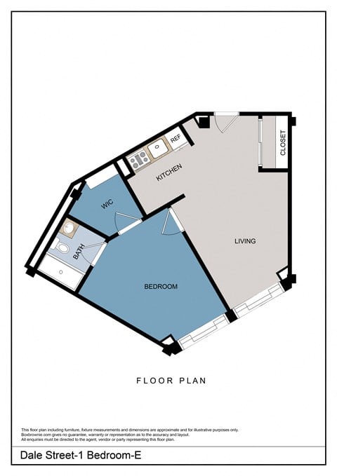Floor plan for 1 bed, 1 bath, 573 sqft